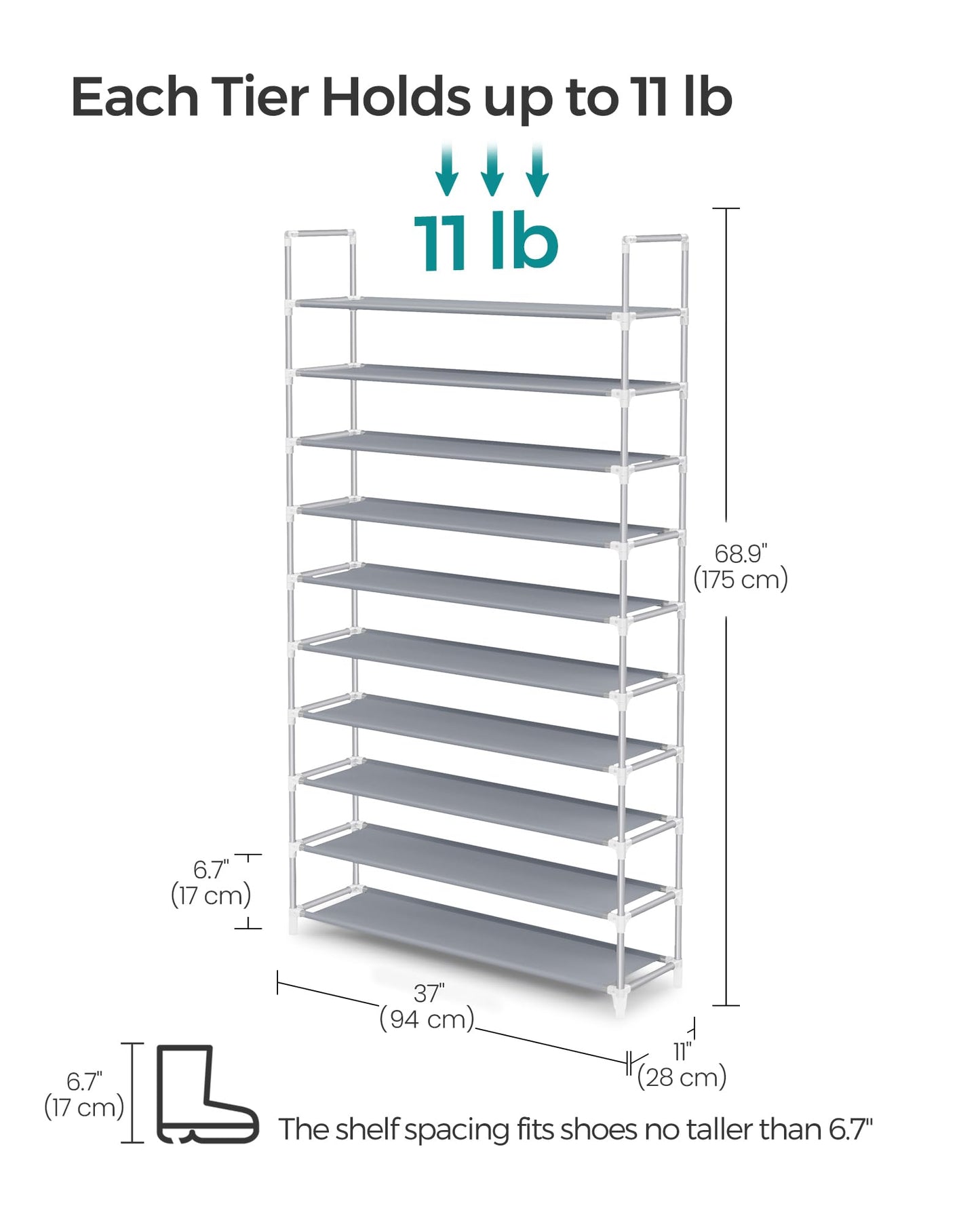 SONGMICS Shoe Rack, 10-Tier Shoe Shelf, Shoe Storage Organizer, 11 x 37 x 68.9 Inches, Metal Frame