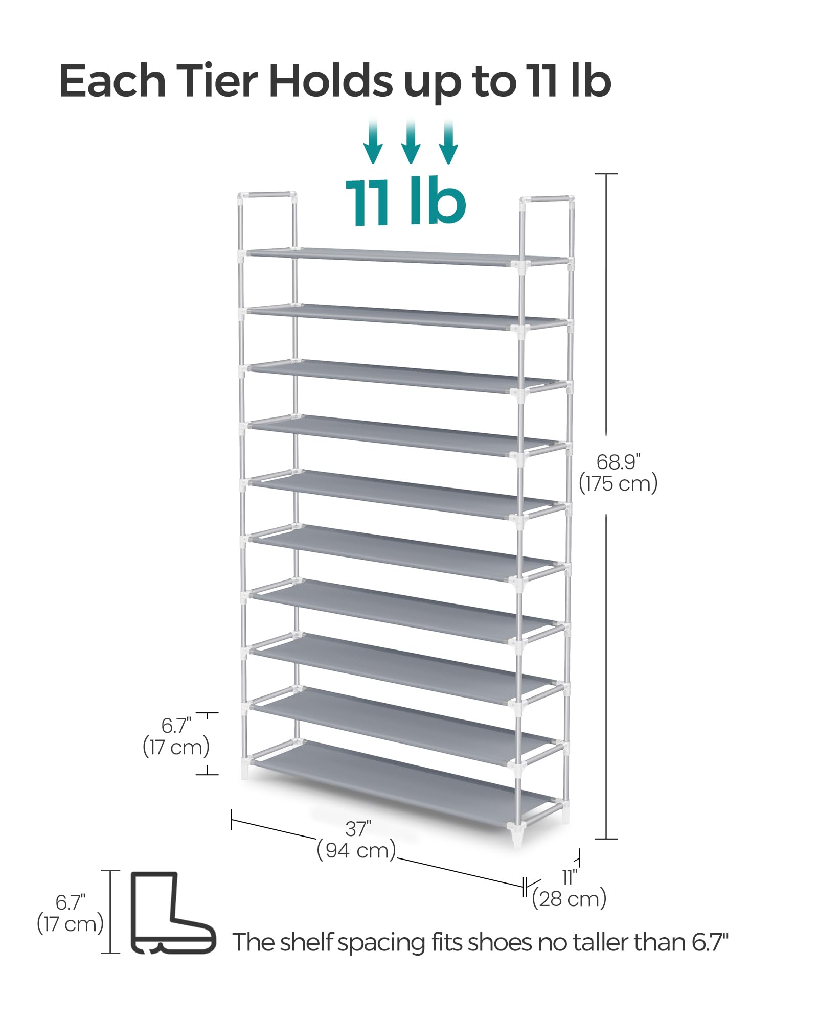 SONGMICS Shoe Rack, 10-Tier Shoe Shelf, Shoe Storage Organizer, 11 x 37 x 68.9 Inches, Metal Frame