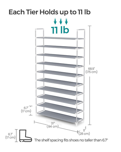 SONGMICS Shoe Rack, 10-Tier Shoe Shelf, Shoe Storage Organizer, 11 x 37 x 68.9 Inches, Metal Frame