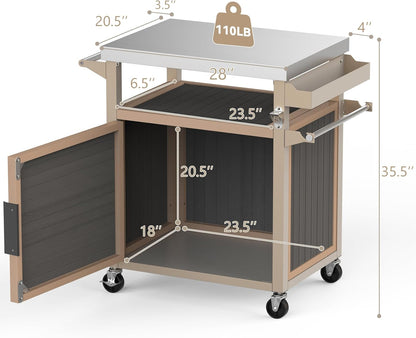Skyflame Outdoor Grill Cart with Storage on Wheels, Rolling Kitchen Island with Stainless Steel Table Top, Multifunctional BBQ Food Prep Table with Magnetic Single Door for Patio Backyard Garden Deck