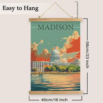 WREVERW Vintage Madison Poster Canvas Print with Wooden Hanger Frame, Featuring the Iconic Wisconsin State Capitol and Lakeside View, Wall Art for Home and Office Decor, 16x23 inches