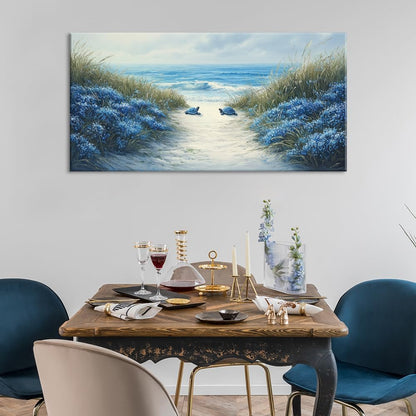 LASMOND Romantic Beach Wall Art for Living Room Blue Sea Turtle Lovers Canvas Painting Prints Ocean Sandy Romance Flowers Large Bedroom Office Decor Artwork (46x23 Inches)