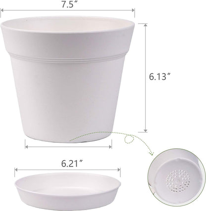 homenote Pots for Plants, 8 Pcs 7.5 Inch Plastic Planters with Multiple Drainage Holes and Tray - Plant Pots for All Home Garden Flowers Succulents, Cream White