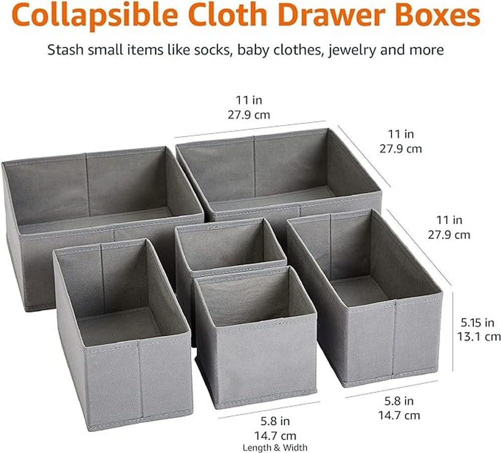 Amazon Basics Cloth Drawer Storage Organizer Boxes for Socks, Underwear and Baby Items Gray (Pack