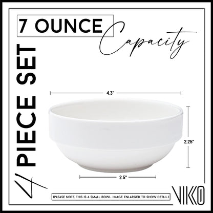 Vikko Small 7 Ounce White Bowl, Set of 4 White Dessert Bowls, Fine Porcelain, Stackable Small Snack Bowl, Dishwasher Safe