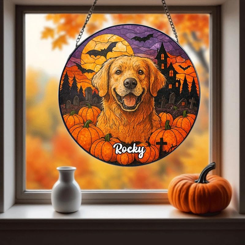 Personalized Halloween Dog Glass Window Hanging Ornament,Custom Pet Photo Ornament, Unique for Dog Lovers,Customized Pet Keepsake for Spooky Season, Fall Holiday Décor /3