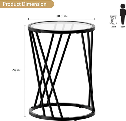 Round Side Table, Modern End Tables for Living Room Office Small Spaces, Glass Black End Table with Metal Frames, Nightstand for Bedroom, Bedside Furniture, Easy Assembly