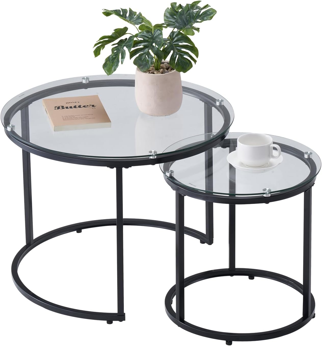 VEVOR Nesting Tables, Glass Coffee Table Set of 2, 23.6 inch Round Coffee Table, Small Coffee Tables Night Stand with Metal Frame, for Living Room, Bedroom, Office