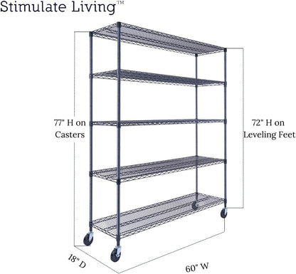 60"x18"x72" Prime Heavy Duty Black 5-Tier Wire Shelving NSF 4000 LBS MAX Capacity Storage Rack for Commercial, Hospital, School, Garage, and Kitchen Uses (with Wheels)