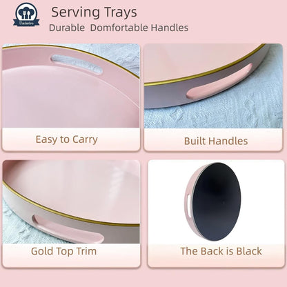 13" Pink Serving Tray with Handles,Round Decorative Tray for Coffee Table, Plastic Modern Coffee Table Tray for Ottoman, Living Room, Bathroom, Décor.