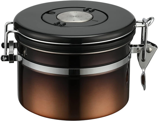 malmo Coffee Canister, Airtight Coffee Container with Date Tracker Lid, Stainless Steel Canister for Kitchen Food Storage (Black-Copper, 9oz)