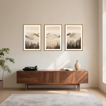 Celestdeco Nature Misty Forest Framed Canvas Wall Art Set, Foggy Landscape Wall Decor, Watercolor Pine Tree Wall Painting, Large Mountains Art Print for Living Room, Bedroom, Office - 24"X36"X3