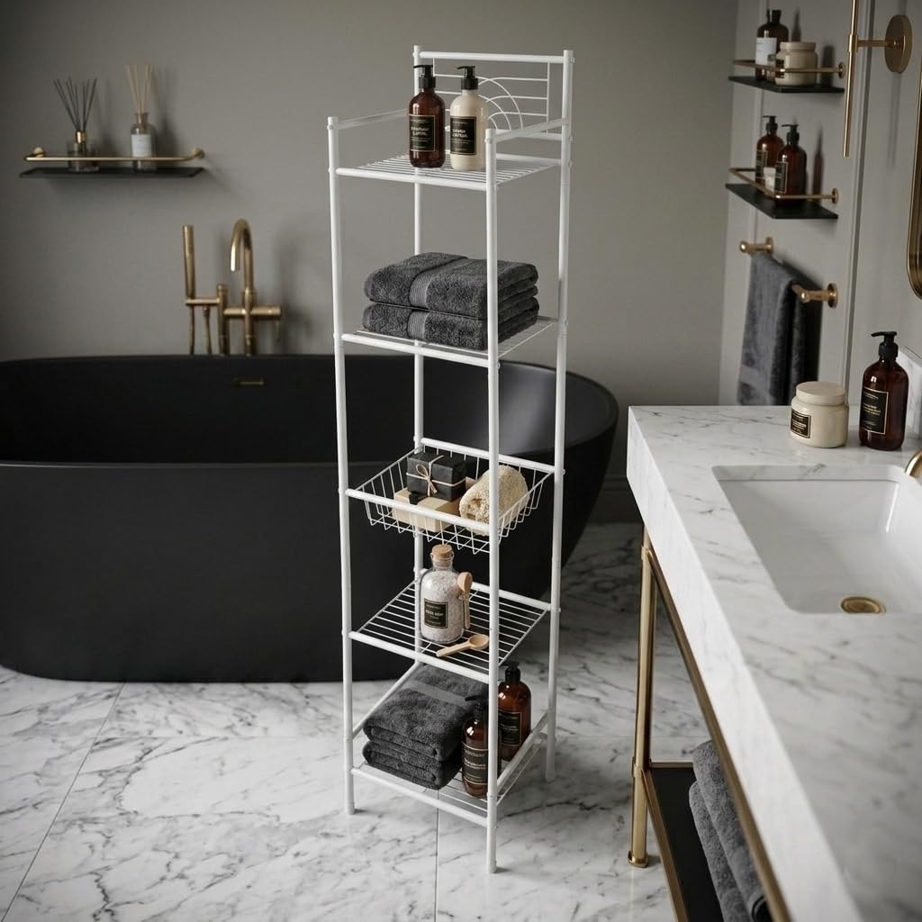 Bath Bliss 5 Tier Freestanding Bathroom Storage Shelf, White Metal Organizer Rack | Rust Resistant
