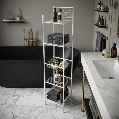 Bath Bliss 5 Tier Freestanding Bathroom Storage Shelf, White Metal Organizer Rack | Rust Resistant