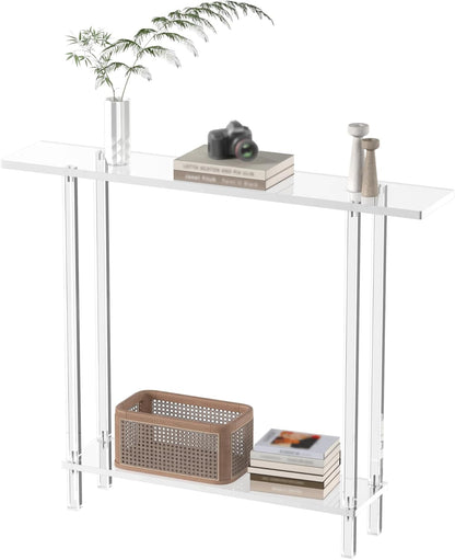 Acrylic Narrow Console Table for Entryway, 7.6" D x 39.4" W x 31.5" H, Square Legs, Skinny Entry Table for Sofa, Foyer, Hallway, Living Room, Modern, 2-Tier, Clear