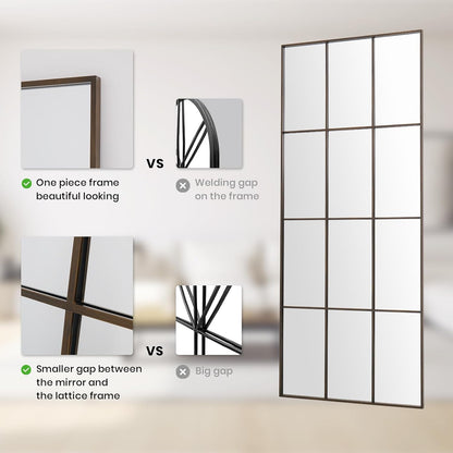 Windowpane Mirror Full Length 71"x30" Wall Mounted Mirror Faded Bronze Frame Vintage Distressed Art Pane Leaning Hanging Wall for Home Decor in Living Room Bedroom Hallway Entrance