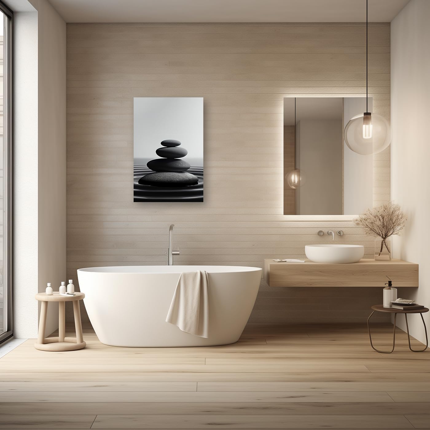 DOARTDO Zen Stone Canvas Wall Art Black and White Spa Stones Picture Print Modern Meditation Spirit Bathroom Decor Frame (24.00" x 36.00", Zen Stone - 1)