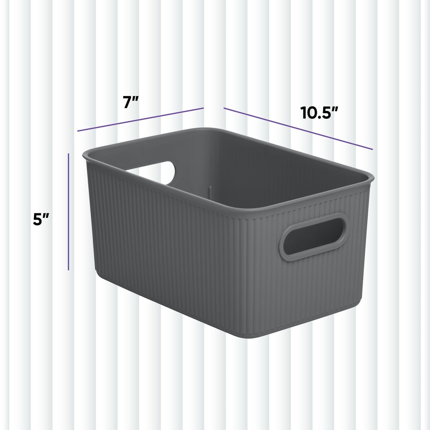 Superio Ribbed Collection - Decorative Plastic Basket Open Home Storage Bins Organizer, Medium Grey