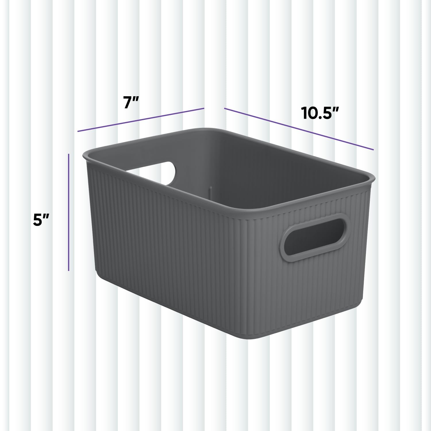 Superio Ribbed Collection - Decorative Plastic Basket Open Home Storage Bins Organizer, Medium Grey