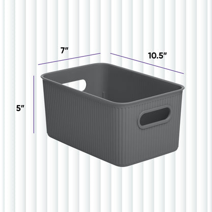 Superio Ribbed Collection - Decorative Plastic Basket Open Home Storage Bins Organizer, Medium Grey