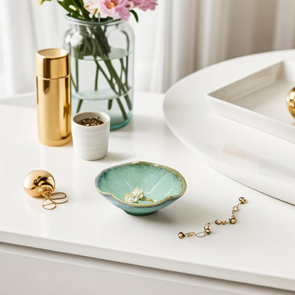 4.72" Small Decorative Bowl, Ceramic Green Key Bowls for Entryway Table, Jewelry Dish, Trinket Holder, Offering Bowl, Potpourri Bowl, Vintage Home Decor with Unique Irregular Rim