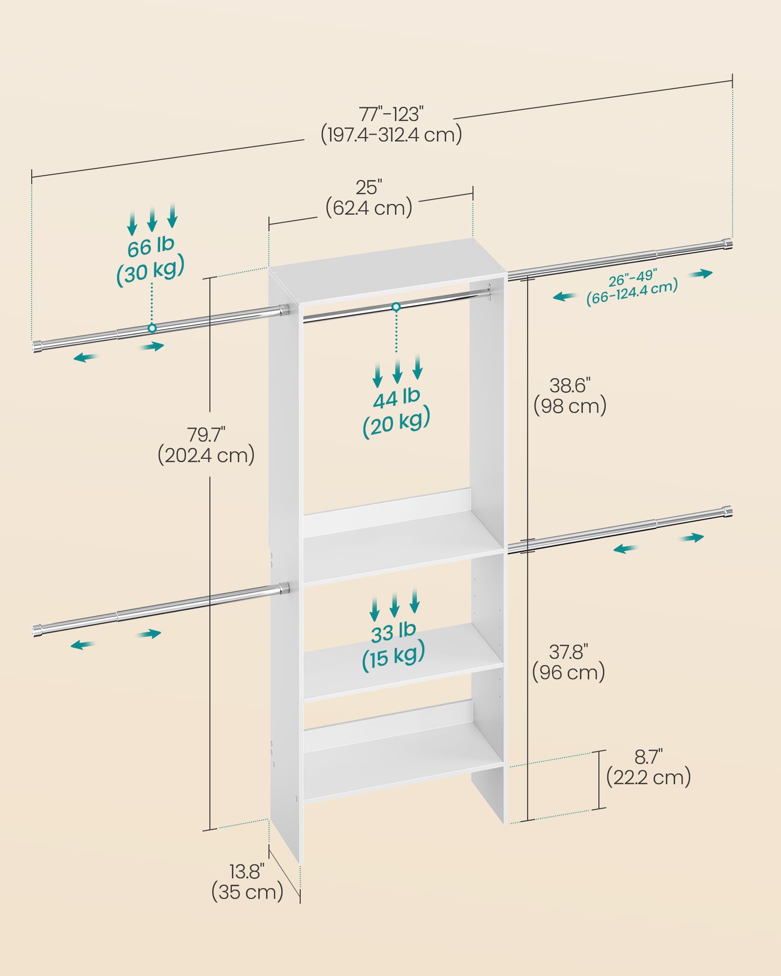 SONGMICS Closet System, Customizable Walk-In Closet Organizer System with Adjustable Hanging Rods
