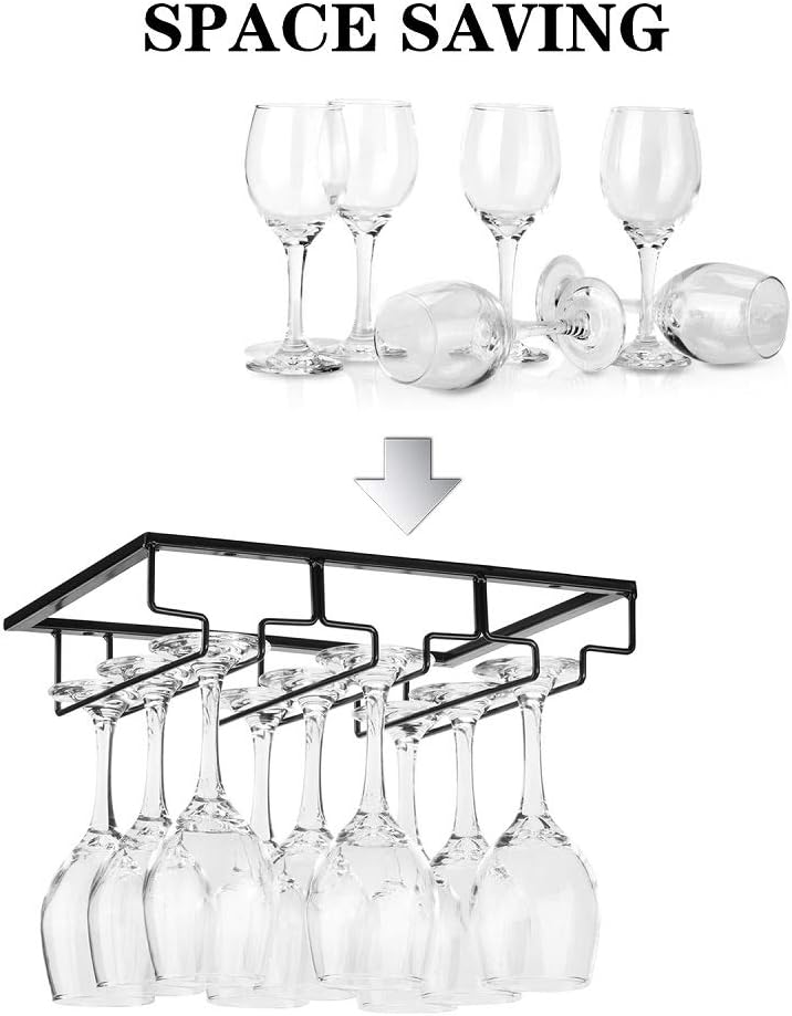 Wine Glass Rack - Under Cabinet Stemware Wine Glass Holder Glasses Storage Hanger Metal Organizer for Bar Kitchen Black