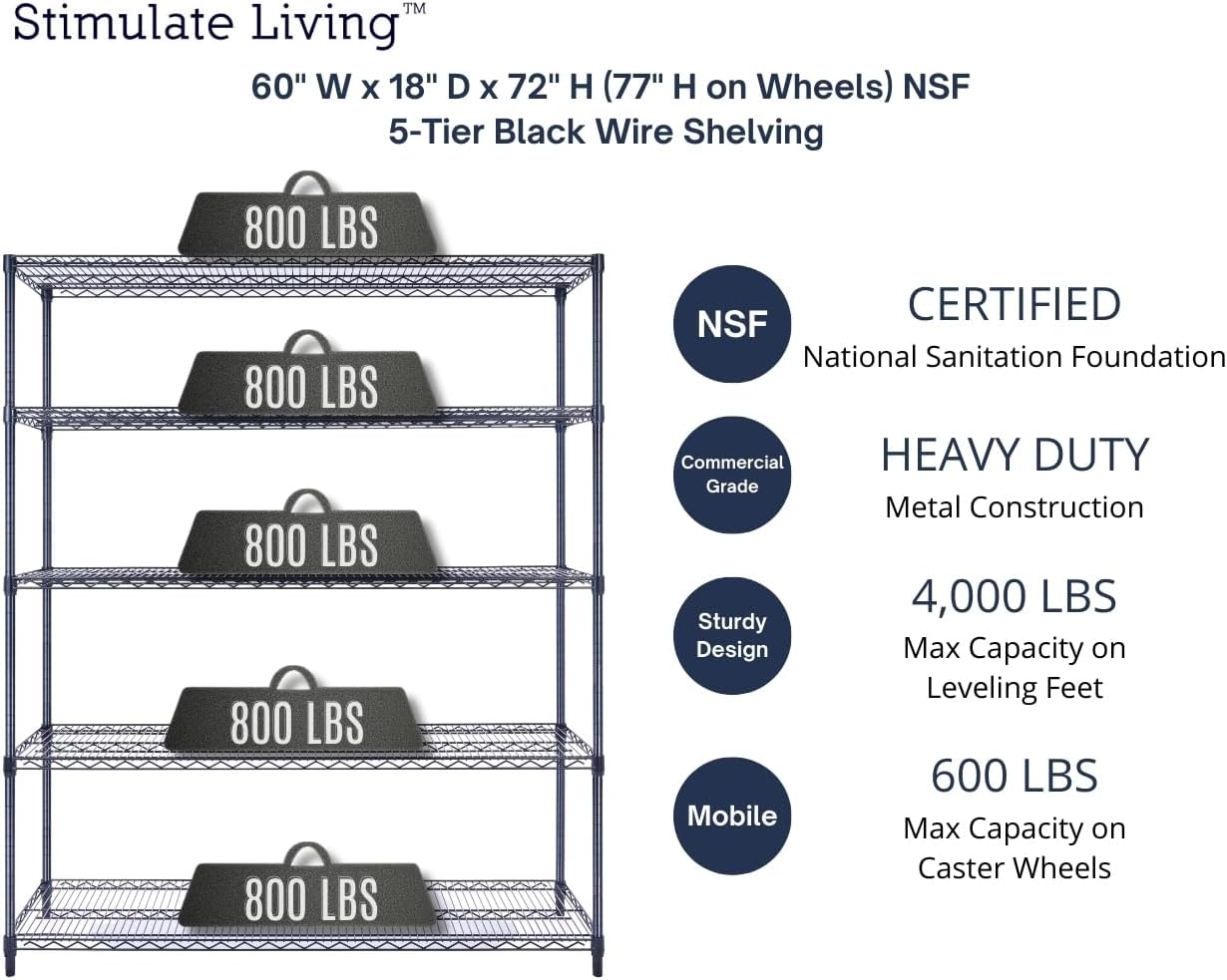 60"x18"x72" Prime Heavy Duty Black 5-Tier Wire Shelving NSF 4000 LBS MAX Capacity Storage Rack for Commercial, Hospital, School, Garage, and Kitchen Uses (with Wheels)