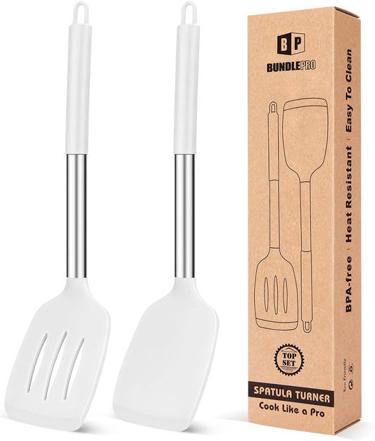 Pack of 2 Silicone Solid Turner, Non Stick Slotted Kitchen Spatulas, High Heat Resistant BPA Free