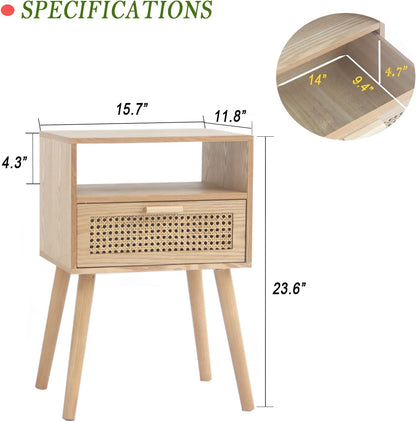 MaxSmeo Bedside Table, Small Nightstand with Charging Station, Rattan Side Table Wood End Table for Living Room, Bedroom and Small Spaces, Mid Century Modern Nightstand, Easy Assembly (Natural)