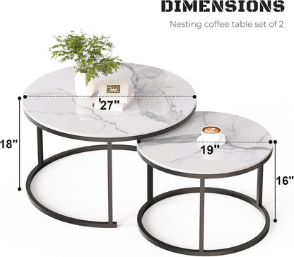 Round Nesting White Modern Decorative Coffee Table (Set of 2), Sintered Stone Top & Sturdy Metal Frame for Living Room