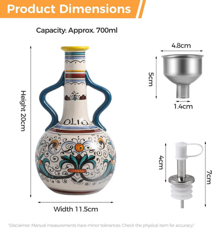 Ceramic Olive Oil Dispenser Bottle 23oz with Handles, Hand Painted Multi-Use Oil Cruet & Flower Vase, Decorative Stoneware Kitchen Cruet with Stainless Steel Spout for Oils, Sauces, Vinegar (B)