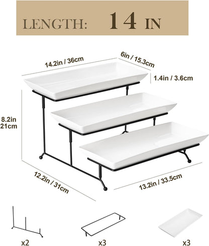 MALACASA 3 Tier Serving Tray, Porcelain Tiered Cupcake Stand, Ceramic Elevated Serving Platter with Collapsible Sturdier Rack,Series PLAT (White, 14 Inch)