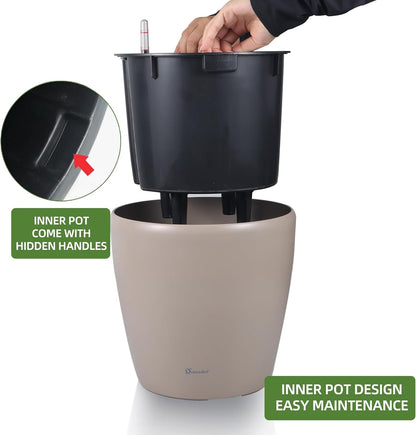 Dexceder 11x10 Inches Self Watering Planter Indoor Outdoor, Inner Pot Design, Thickened Table Flower Plant Pot with Water Level Indicator (Taupe Matte)