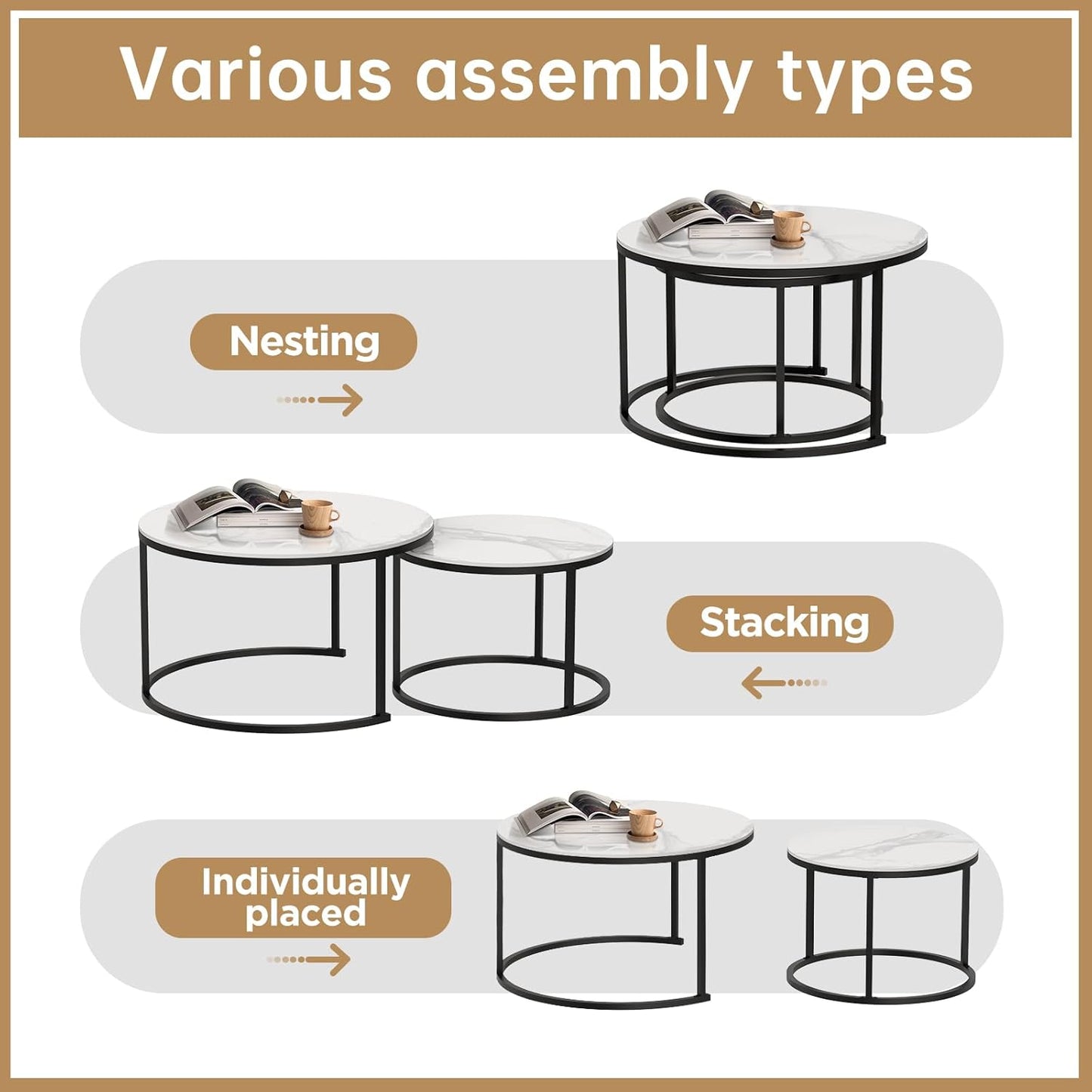 Round Nesting Coffee Table, White Modern Decorative Coffee Center Table Set of 2,Round Sintered Stone 24'' Coffee Table for Living Room with Sturdy Metal Frame.