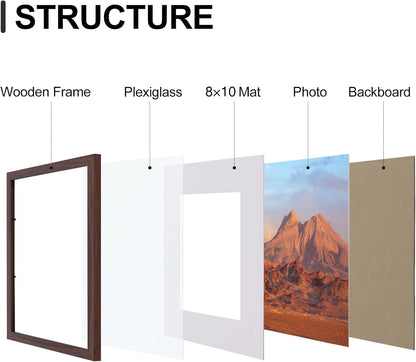 Vittanly 11x14 Picture Frames Set of 9, Shatter Resistant Plexiglass, Display 8x10 Pictures with Mat or 11x14 without Mat, Photo Frames for Wall or Tabletop, Engineered Wood, Walnut
