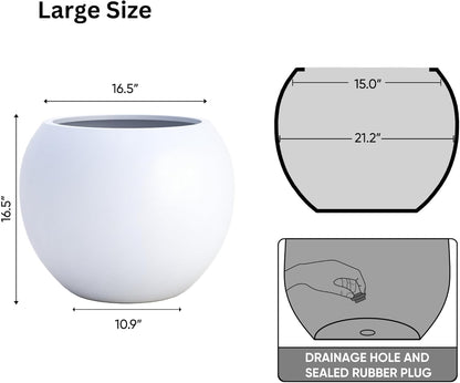 DTY Signature Mount Sherman Lightweight Durable Modern Fiberstone Sphere Planter for Indoor & Outdoor Drainage Hole & Rubber Plug Weather Resistant, 17" H x 21" Dia, 14.4" Opening - Large, White