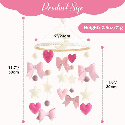 Baby Mobile for Crib Pink Bow Baby Crib Mobile for Girls Handmade Coquette Bow Nursery Decor for Infant Bedroom Hanging Pink Girls Room Decor for Bassinet Gender Reveal Newborn Gifts