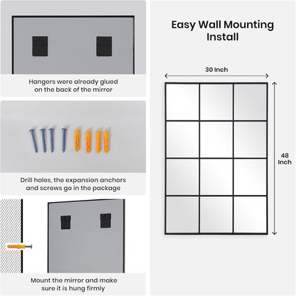 Windowpane Wall Mirror 30"x48" Black Wall Mounted Art Pane Mirror Farmhouse Decorative Mirror Leaning Hanging Wall Mirror for Bedroom Living Room Entrance Hallway Wall Decor