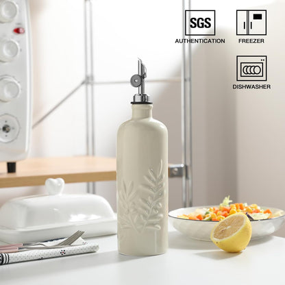 Sweejar 18 Oz Oil Dispenser for Kitchen with Gravity Spout, Ceramic Olive Oil Dispenser Bottle, Relief Opaque Vinegar Container for Evoo, Vinegar, Soy Sauce, Pack of 1(Beige, Silver Spout)