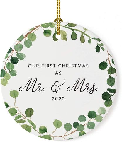 Andaz Press Custom Year Round Ceramic Porcelain Christmas Tree Ornament Keepsake Collectible Gift, Our First Christmas as Mr. & Mrs. 2025, Farmhouse Eucalyptus Wreath, 1-PackCouple