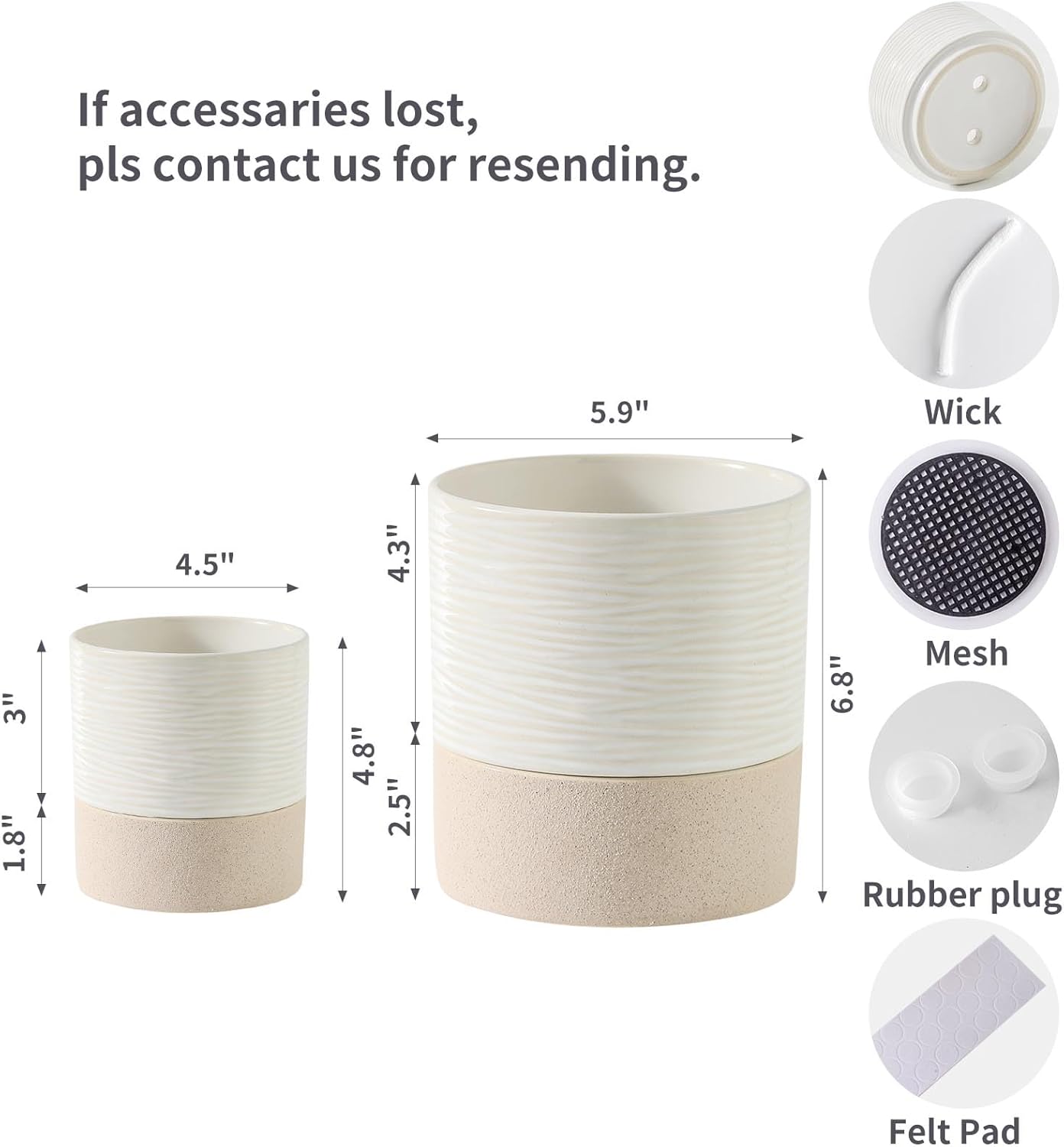 Nihow Self Watering Plant Pot for Indoor Plants: 4.5+6 Inch Ceramic Planter with Drainage Hole & Water Storage Plus - Cylinder Flower Pot with Wick for Herbs -White & Brown