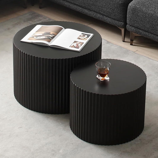 Black Nesting Coffee Table Set of 2 Modern Round Fluted Coffee Table Small Round End Table Side Table Circular Coffee Tables Circle Nested Coffee Tables for Living Room (Black Large)
