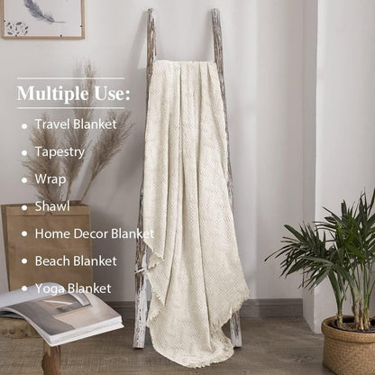 Simple&Opulence 100% Cotton Throw Blanket for Bed, Couch, Boho Luxury Geometric Knit Woven Blanket with Tassels Soft Lightweight Cozy Breathable, Vintage Farmhouse Decoration for All-Season(White)