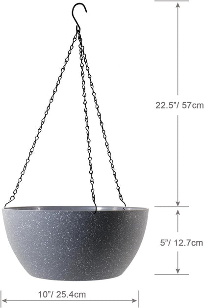 10 inch Hanging Planters for Outdoor Indoor Plants with Drainage Holes and Chain, 2 Pack Round Hanging Flower Plant Pots for Garden Home Porch Decor, Speckled Grey