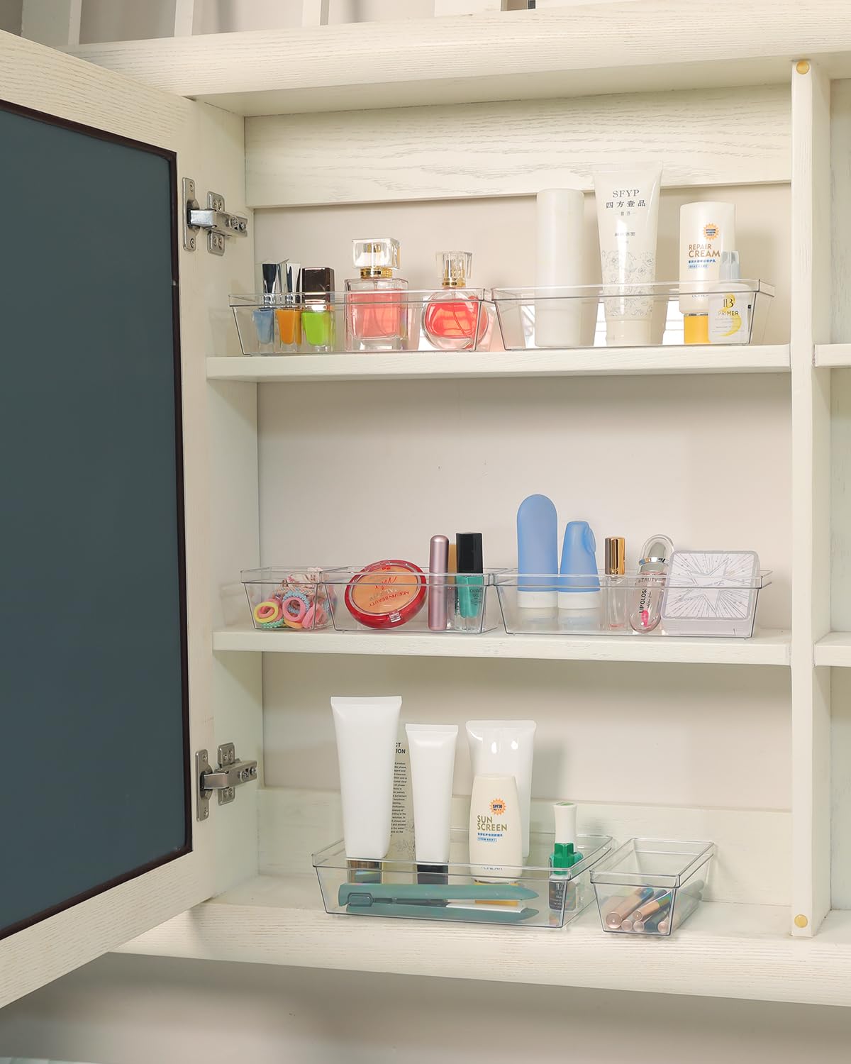 Sodynee Clear Plastic Drawer Organizer Storage - 25Pcs 4 Size Desk Bathroom Kitchen Organizers and