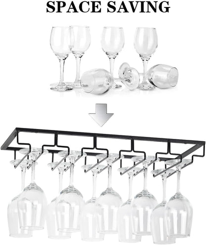 Wine Glass Rack - Under Cabinet Stemware Wine Glass Holder Glasses Storage Hanger 2 Pack Metal Organizer for Bar Kitchen 5 Rows Black