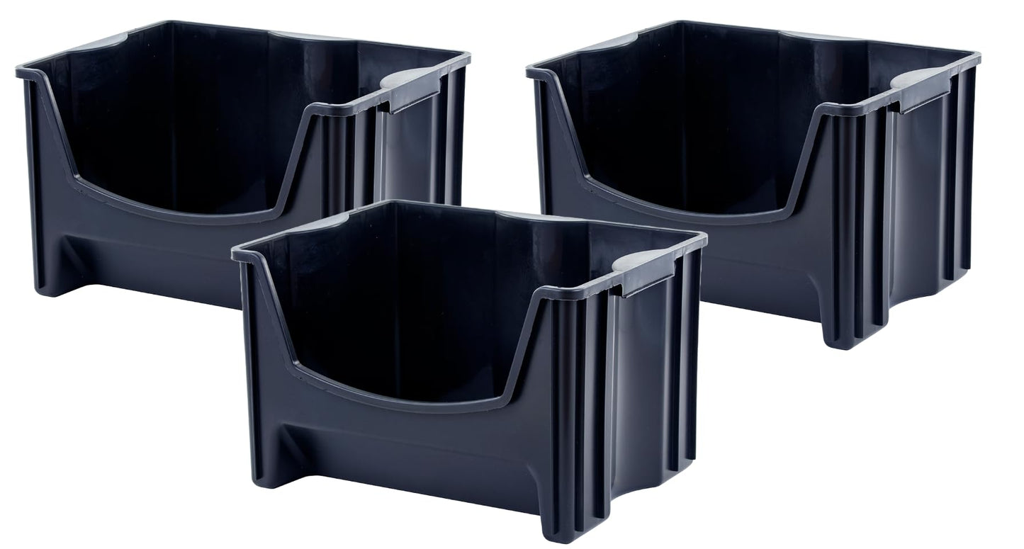 Mighty Tuff Jumbo Stackable Storage Bins, Pack of 3, Easy-Access Storage, Large Easy-to-Grip