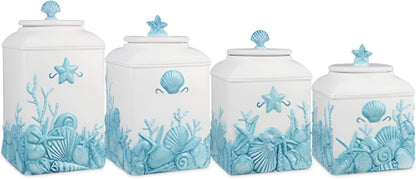 Young's Inc. 4 Pcs Set Blue Lagoon Nautical Ceramic Canisters- Storage Container for Kitchen and Bathroom - Beautiful Home Decor Accent to Store Food, Coffee, Tea, and More - White, Blue