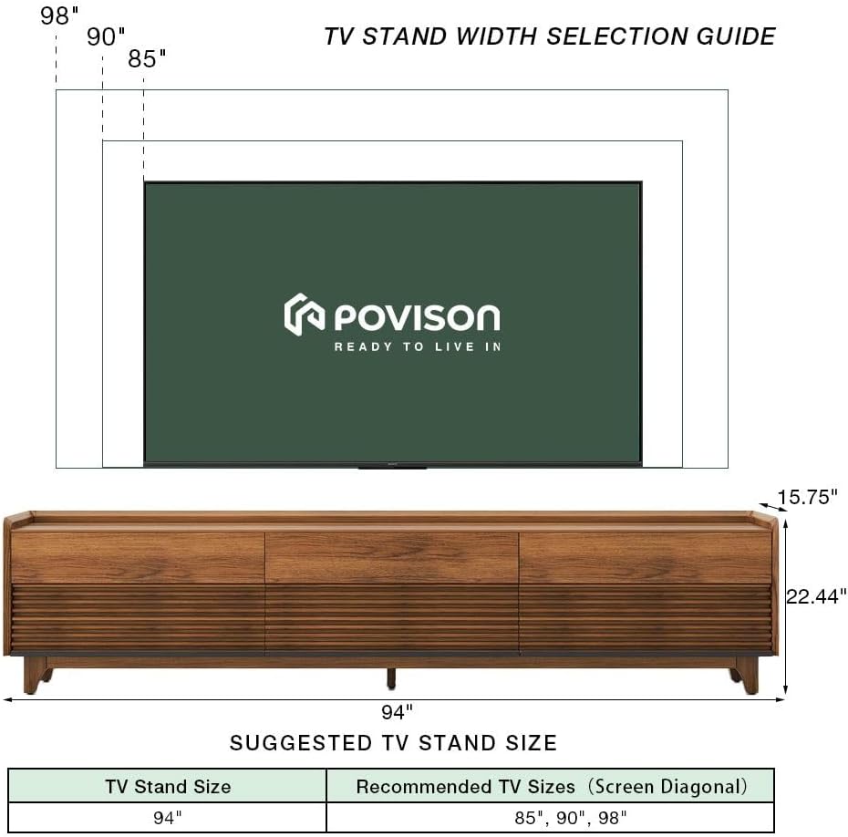 POVISON Fully-Assembled Mid Century Modern TV Stand with Legs, Wood Media Console with Adjustable LED Light for 85-inch TVs, Entertainment Center with Storage for Living Room